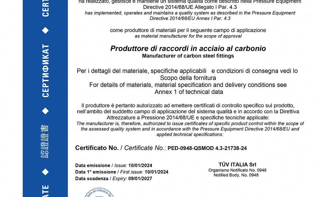 Ampliamento gamma raccordi a saldare: Aellebi estende la certificazione PED ai gradi ASTM (WPB e WPL6)