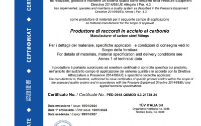 Ampliamento gamma raccordi a saldare: Aellebi estende la certificazione PED ai gradi ASTM (WPB e WPL6)