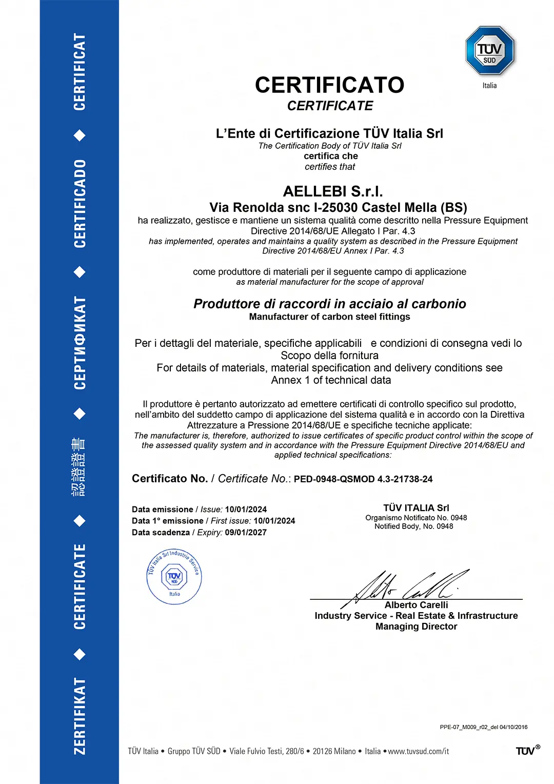 Aellebi-certificato PED 2014-68-UE